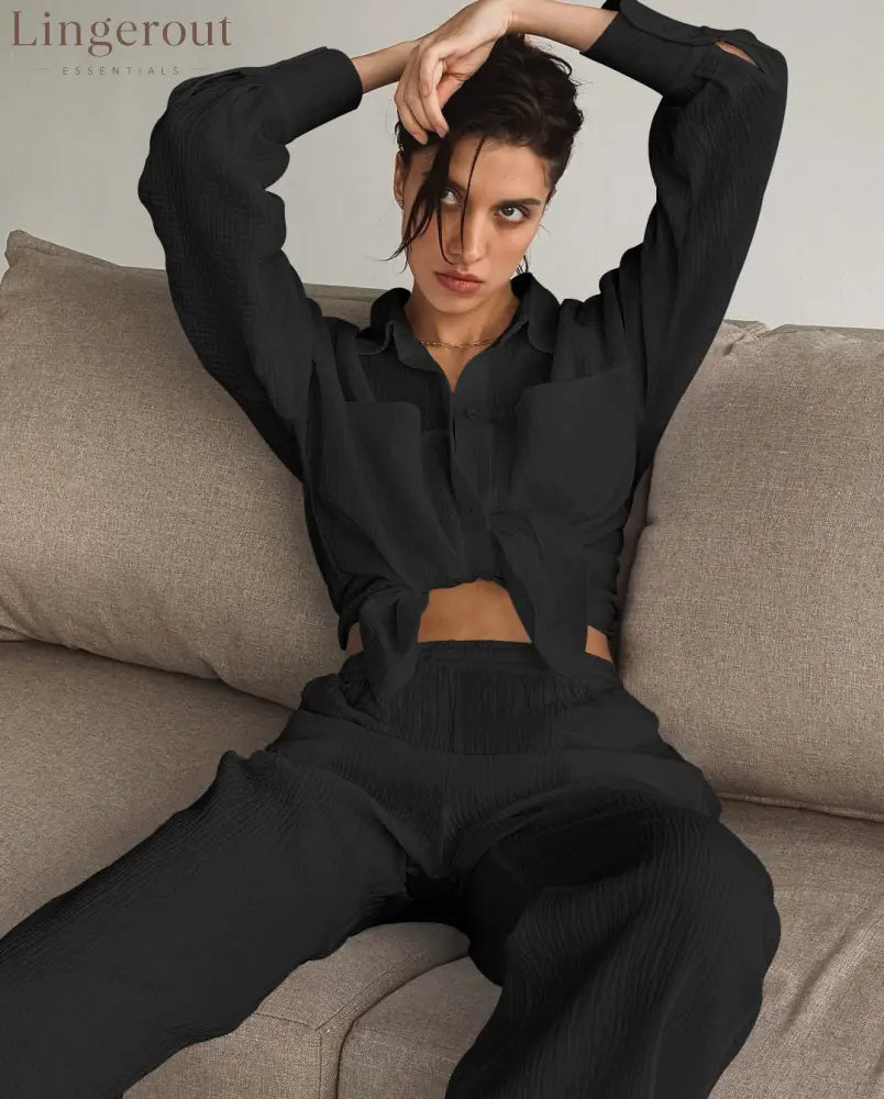 Minimalist Cotton Two Piece Pants Set - Black / S
