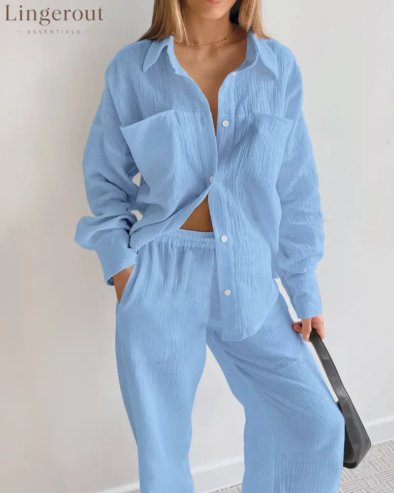 Minimalist Cotton Two Piece Pants Set - Blue / S