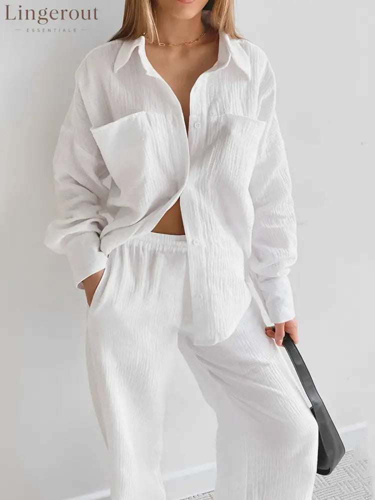 Minimalist Cotton Two Piece Pants Set - White / S