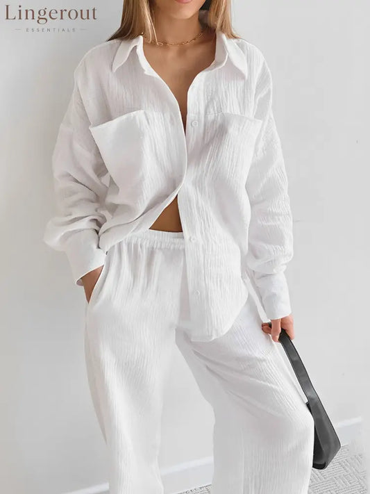 Minimalist Cotton Two Piece Pants Set - White / S
