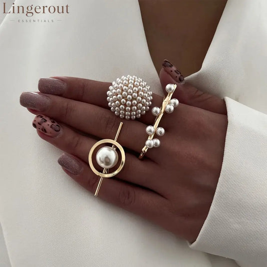 Minimalist Faux Pearl Stackable Ring Set 14K Gold Plated Open Statement Rings for Women