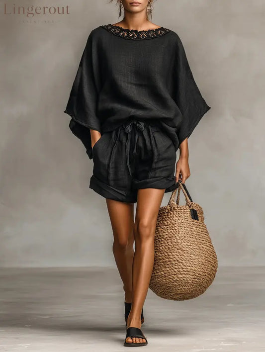 Minimalist Lace Boat Neck Blouse And Shorts Set - Black / XS(2)