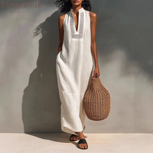 Minimalist Linen Halter Maxi Dress | Sleeveless Office-to-Resort Wear - White / XS
