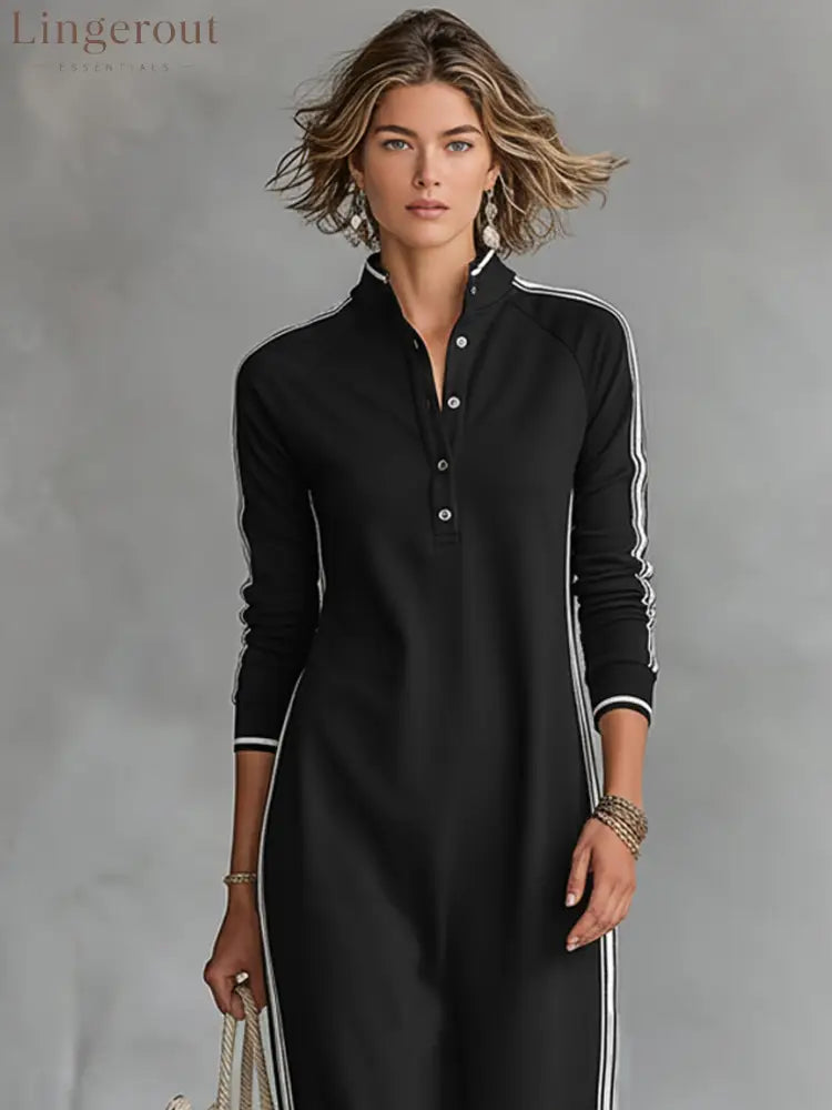 Minimalist White-trimmed Button-down Collar Sweatshirt Dress Maxi Dress