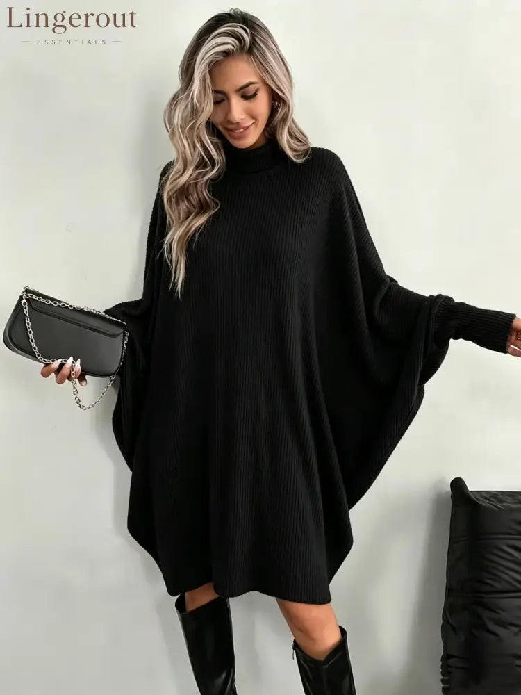 Mock Neck Batwing Ribbed Knit Tunic Dress