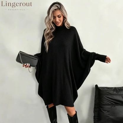 Mock Neck Batwing Ribbed Knit Tunic Dress - Black / S