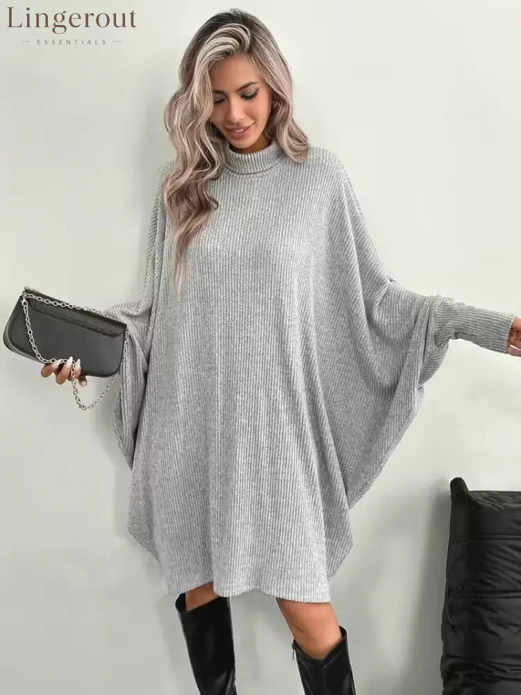 Mock Neck Batwing Ribbed Knit Tunic Dress - Gray / S