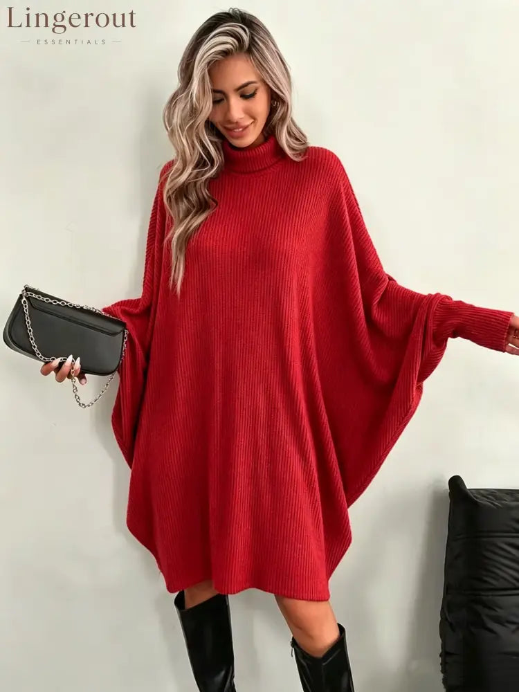 Mock Neck Batwing Ribbed Knit Tunic Dress - Red / S
