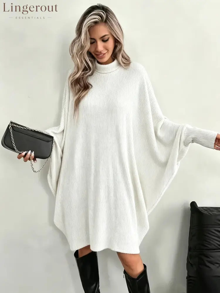 Mock Neck Batwing Ribbed Knit Tunic Dress - White / S