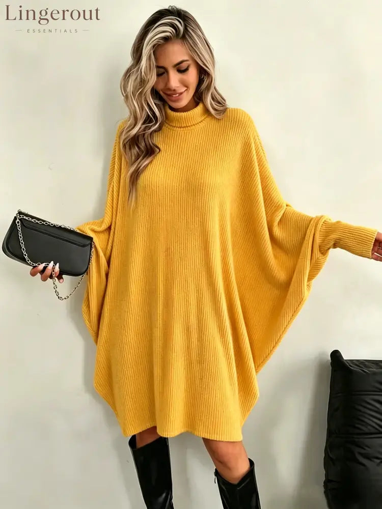 Mock Neck Batwing Ribbed Knit Tunic Dress - Yellow / S