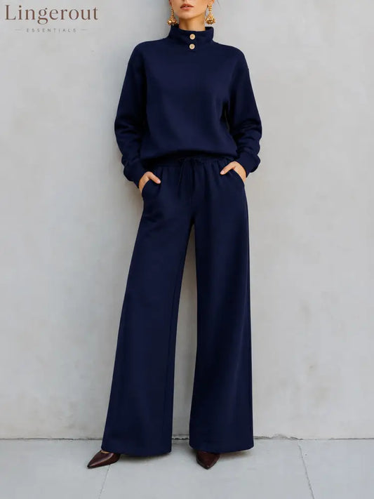 Mock‑Neck Button‑Detail Sweatshirt & Wide‑Leg Drawstring Pants Two‑Piece Set