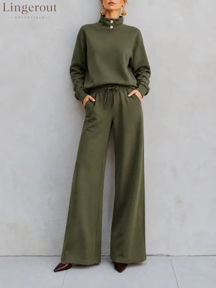 Mock‑Neck Button‑Detail Sweatshirt & Wide‑Leg Drawstring Pants Two‑Piece Set