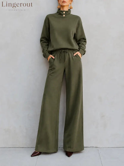 Mock‑Neck Button‑Detail Sweatshirt & Wide‑Leg Drawstring Pants Two‑Piece Set - army green / S