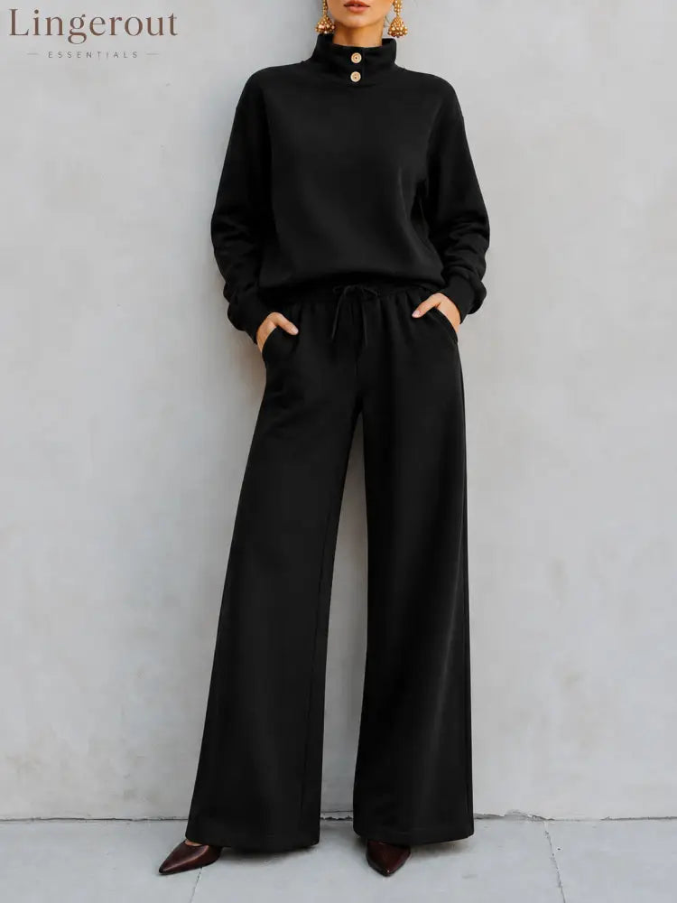 Mock‑Neck Button‑Detail Sweatshirt & Wide‑Leg Drawstring Pants Two‑Piece Set - black / S