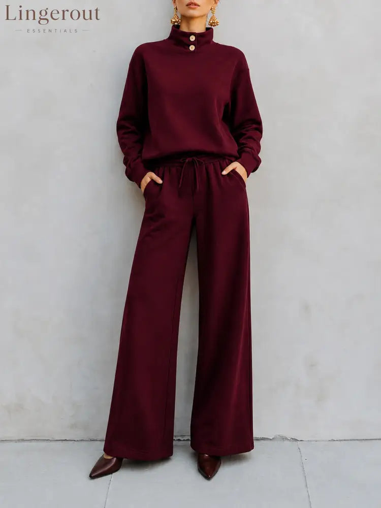 Mock‑Neck Button‑Detail Sweatshirt & Wide‑Leg Drawstring Pants Two‑Piece Set - burgundy / S