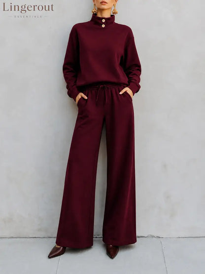 Mock‑Neck Button‑Detail Sweatshirt & Wide‑Leg Drawstring Pants Two‑Piece Set - burgundy / S