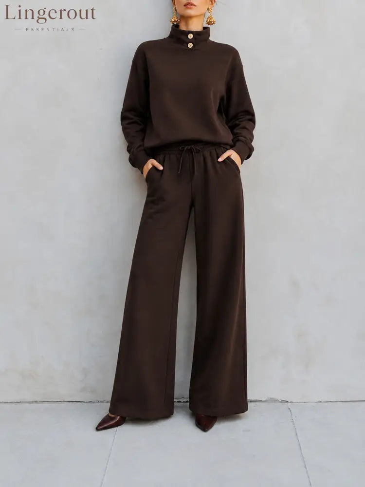 Mock‑Neck Button‑Detail Sweatshirt & Wide‑Leg Drawstring Pants Two‑Piece Set - dark brown / S