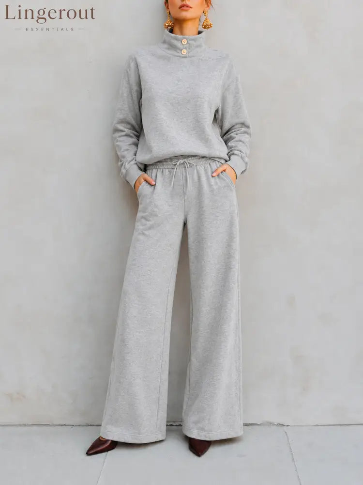 Mock‑Neck Button‑Detail Sweatshirt & Wide‑Leg Drawstring Pants Two‑Piece Set - gray / S