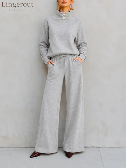 Mock‑Neck Button‑Detail Sweatshirt & Wide‑Leg Drawstring Pants Two‑Piece Set - gray / S