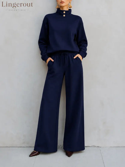 Mock‑Neck Button‑Detail Sweatshirt & Wide‑Leg Drawstring Pants Two‑Piece Set - navy blue / S