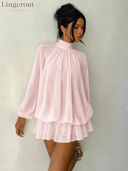 Mock Neck Long Sleeve Skort Dress Women Solid Ruffle Layer Hem Loose Casual Mini Dress