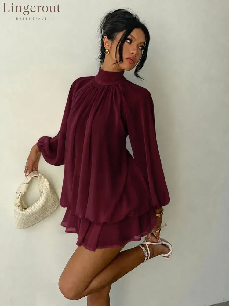 Mock Neck Long Sleeve Skort Dress Women Solid Ruffle Layer Hem Loose Casual Mini Dress