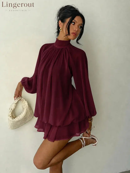 Mock Neck Long Sleeve Skort Dress Women Solid Ruffle Layer Hem Loose Casual Mini Dress