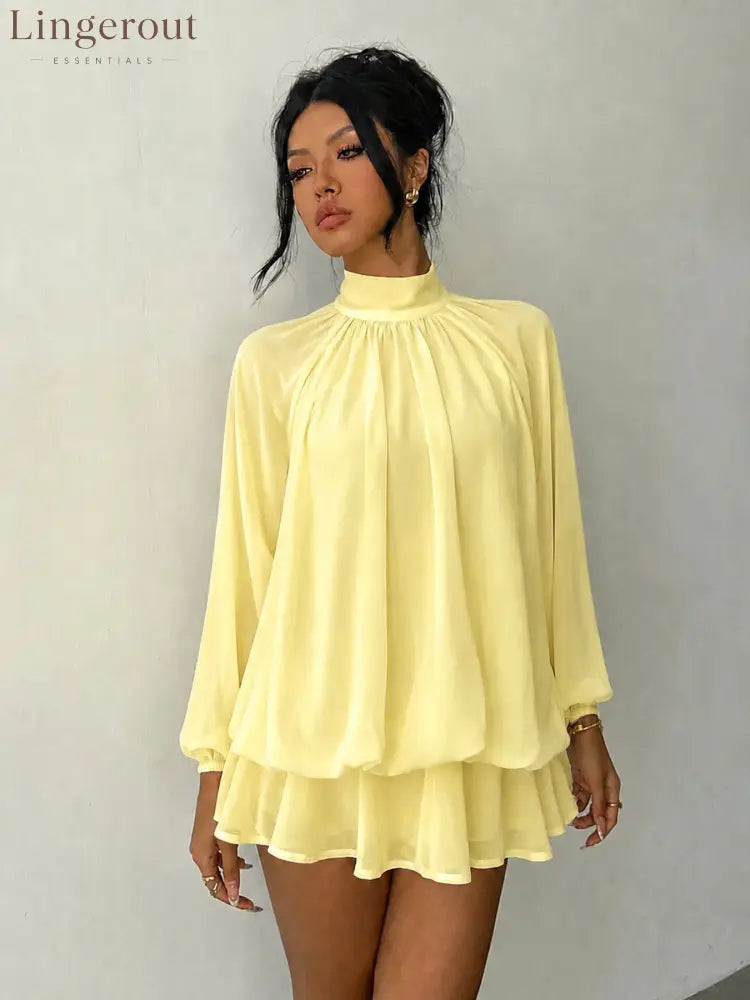 Mock Neck Long Sleeve Skort Dress Women Solid Ruffle Layer Hem Loose Casual Mini Dress