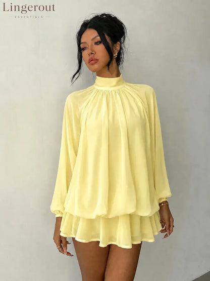 Mock Neck Long Sleeve Skort Dress Women Solid Ruffle Layer Hem Loose Casual Mini Dress
