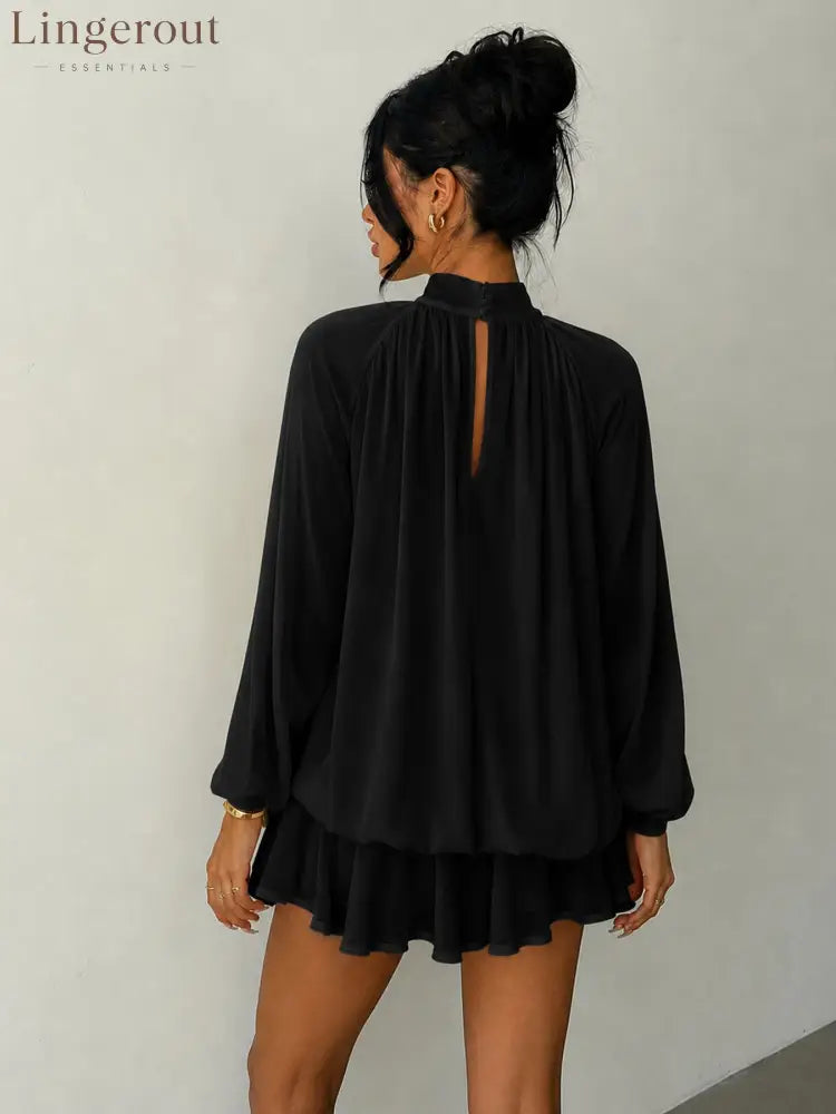 Mock Neck Long Sleeve Skort Dress Women Solid Ruffle Layer Hem Loose Casual Mini Dress