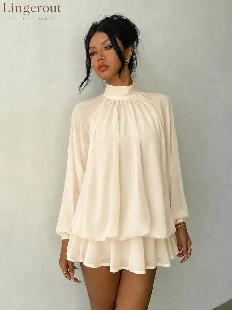 Mock Neck Long Sleeve Skort Dress Women Solid Ruffle Layer Hem Loose Casual Mini Dress - Apricot / XS