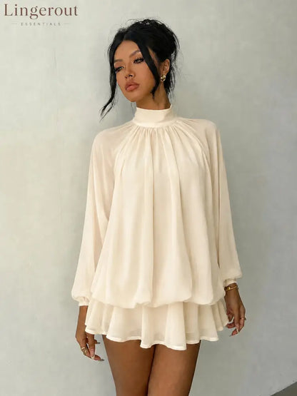 Mock Neck Long Sleeve Skort Dress Women Solid Ruffle Layer Hem Loose Casual Mini Dress - Apricot / XS