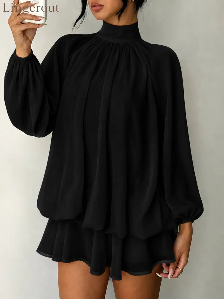 Mock Neck Long Sleeve Skort Dress Women Solid Ruffle Layer Hem Loose Casual Mini Dress - Black / XS
