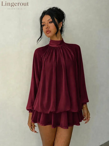 Mock Neck Long Sleeve Skort Dress Women Solid Ruffle Layer Hem Loose Casual Mini Dress - Burgundy / XS