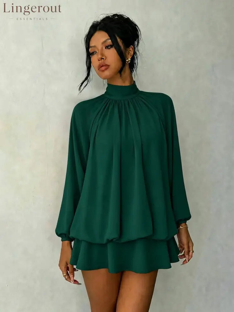 Mock Neck Long Sleeve Skort Dress Women Solid Ruffle Layer Hem Loose Casual Mini Dress - Dark Green / XS