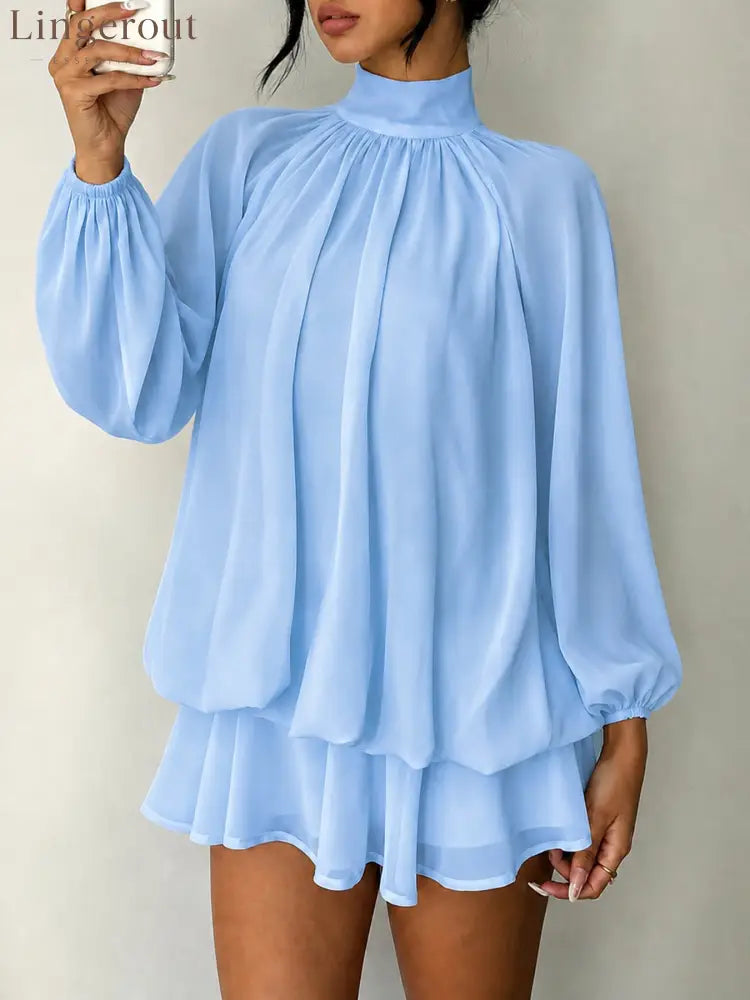 Mock Neck Long Sleeve Skort Dress Women Solid Ruffle Layer Hem Loose Casual Mini Dress - Light Blue / XS