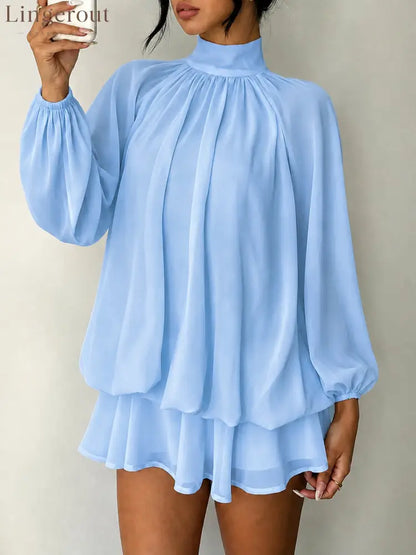 Mock Neck Long Sleeve Skort Dress Women Solid Ruffle Layer Hem Loose Casual Mini Dress - Light Blue / XS