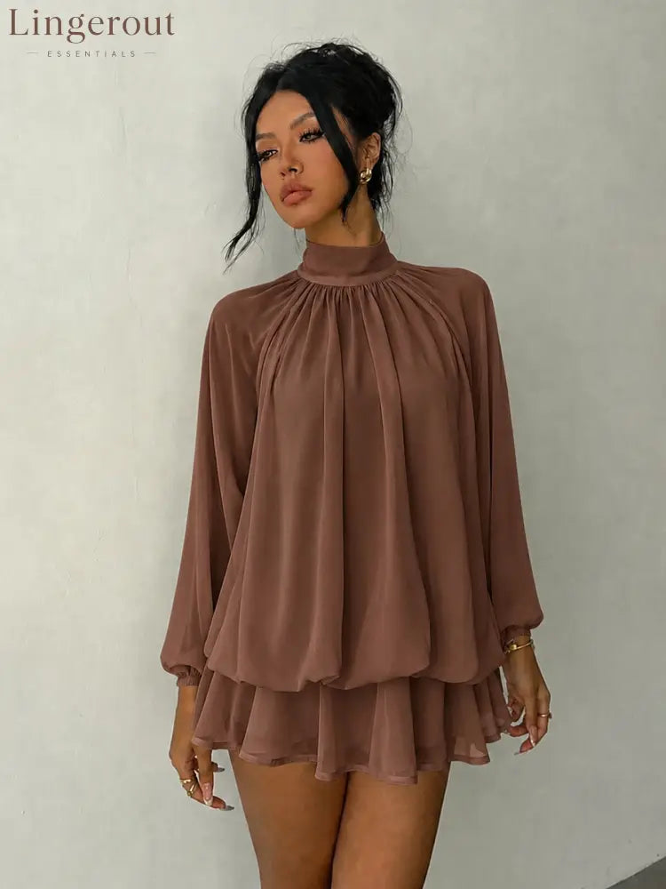 Mock Neck Long Sleeve Skort Dress Women Solid Ruffle Layer Hem Loose Casual Mini Dress - Light Brown / XS