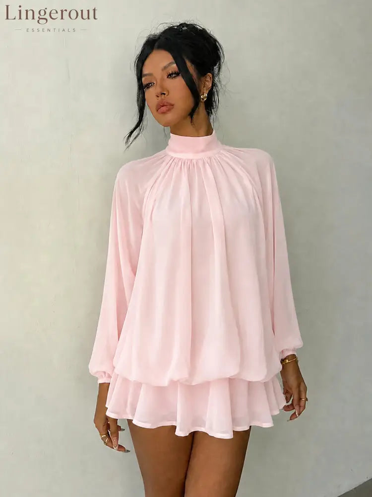 Mock Neck Long Sleeve Skort Dress Women Solid Ruffle Layer Hem Loose Casual Mini Dress - Pink / XS