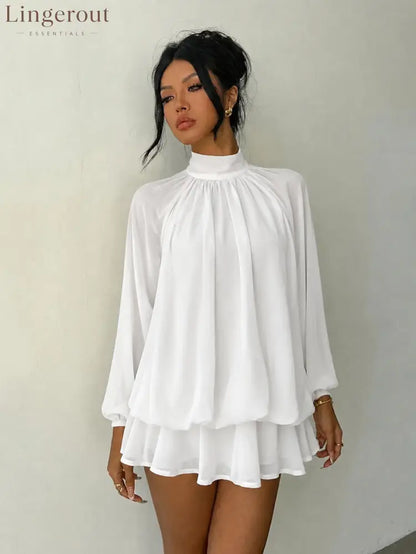 Mock Neck Long Sleeve Skort Dress Women Solid Ruffle Layer Hem Loose Casual Mini Dress - White / XS