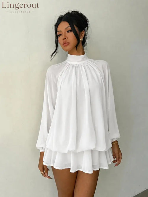 Mock Neck Long Sleeve Skort Dress Women Solid Ruffle Layer Hem Loose Casual Mini Dress - White / XS