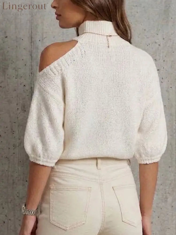 Mock Neck One‑shoulder Cutout Knit Top