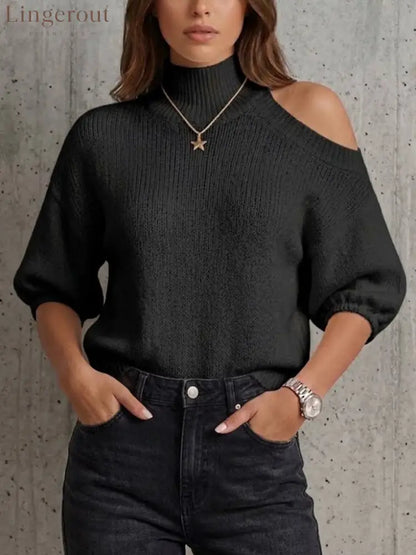 Mock Neck One‑shoulder Cutout Knit Top - Black / S