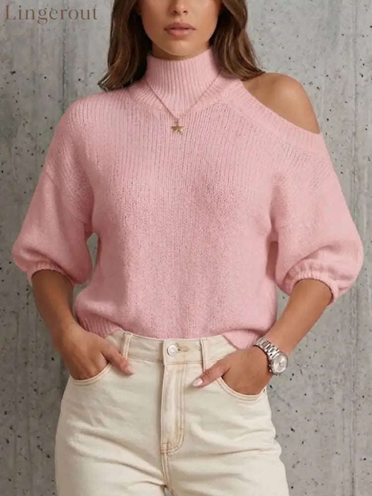 Mock Neck One‑shoulder Cutout Knit Top - Pink / S