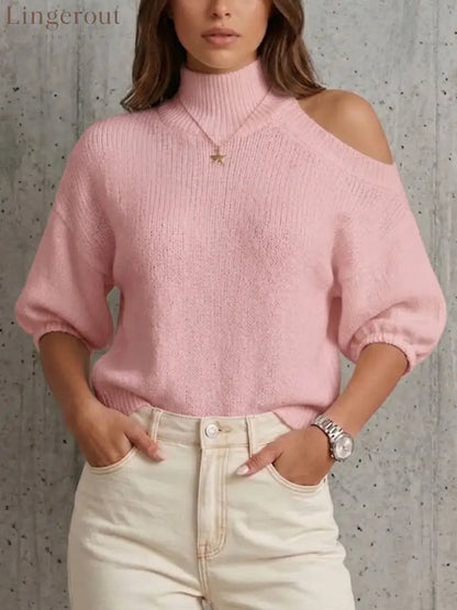 Mock Neck One‑shoulder Cutout Knit Top - Pink / S