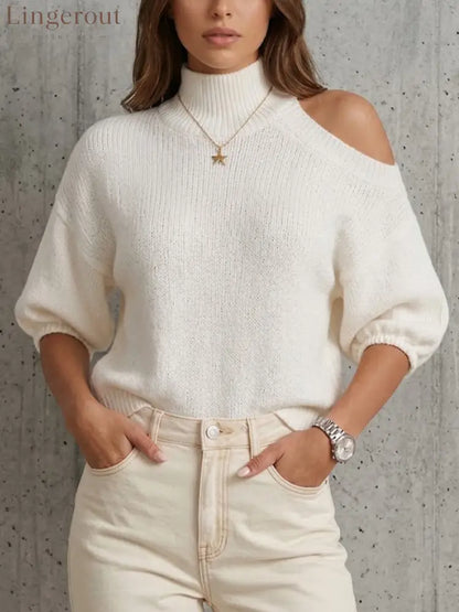 Mock Neck One‑shoulder Cutout Knit Top - White / S