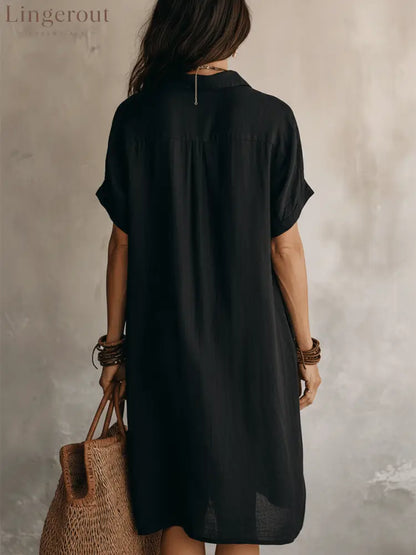 Modern Boho Effortless Black Linen Relaxed Midi Dress