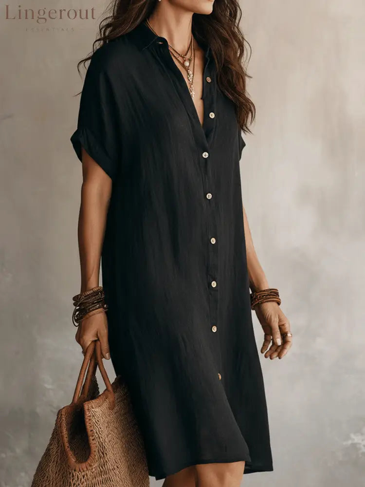 Modern Boho Effortless Black Linen Relaxed Midi Dress