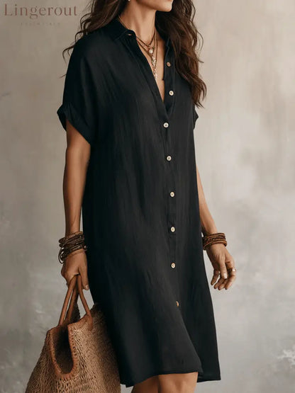 Modern Boho Effortless Black Linen Relaxed Midi Dress