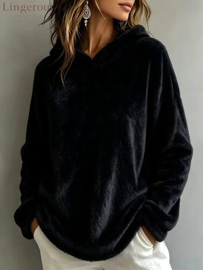 Multi-Color Fuzzy Fleece Hooded Casual Sweatshirt - Black / S